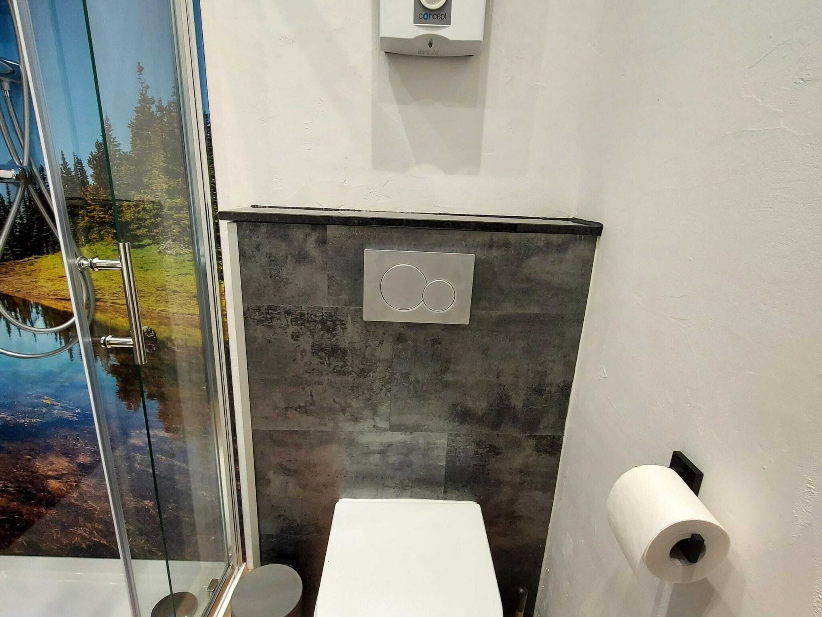 Ein Badezimmer mit Duschkabine aus Glas, Toilette und Wandhalterung für Toilettenpapier.