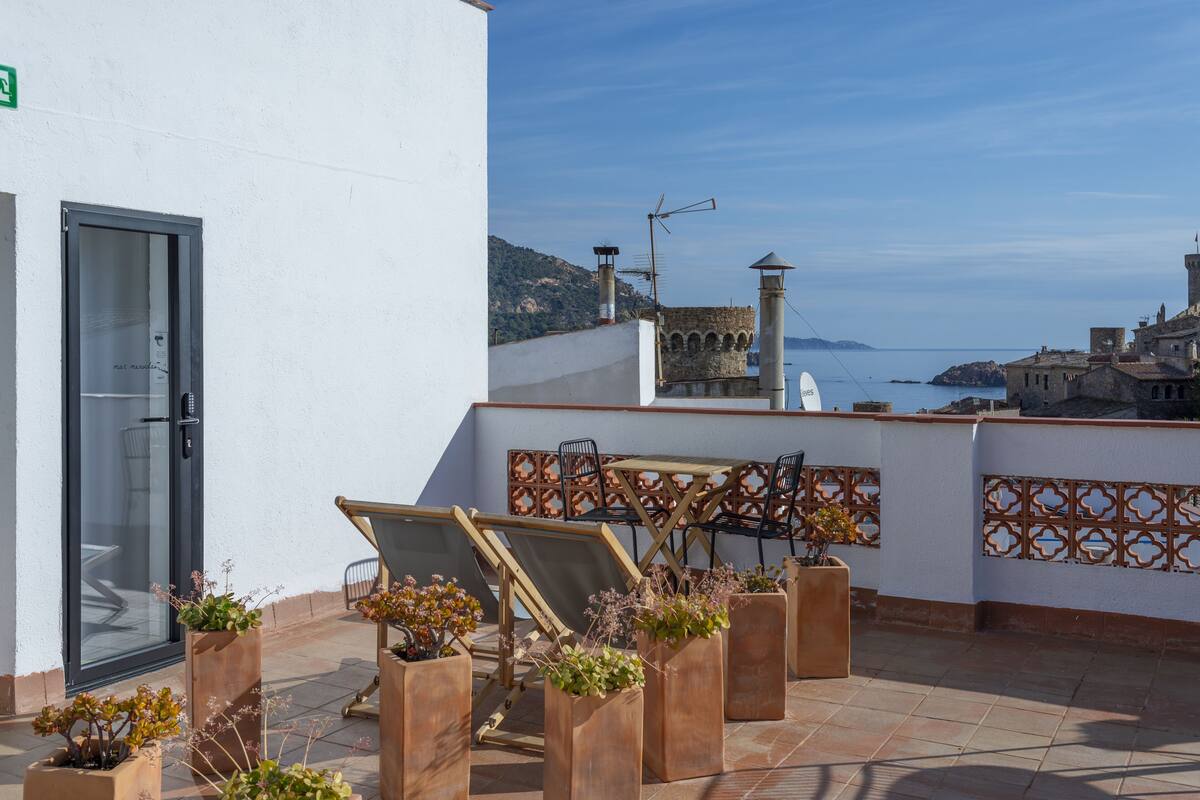 A rooftop terrace with a table and chairs, potted plants, and a view of the sea and buildings.