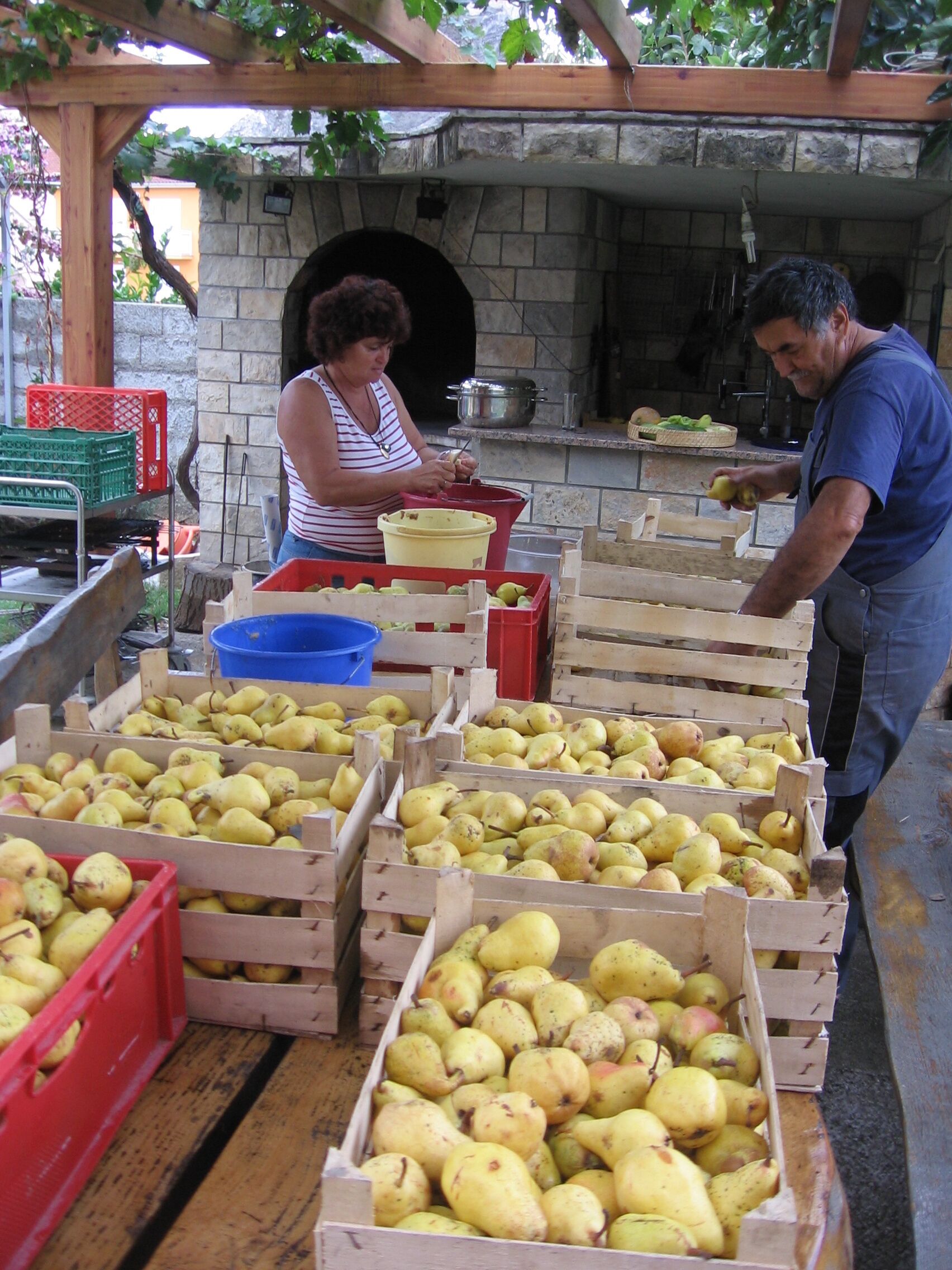 A market stall with crates of pears and a woman peeling one.