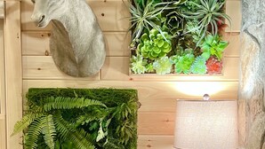 A wooden wall with a mounted deer head, a green plant wall, a fern, and a black console with decorative items. - NEW ADIRONDACK LUXURY CABIN WITH YEAR-ROUND HEATED PLUNGE POOL (Old Forge)