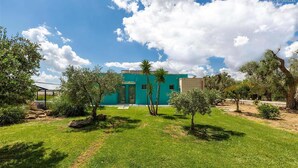 Una casa moderna con fachada azul verdoso, rodeada de un césped cuidado y varios árboles.