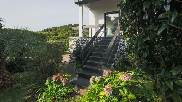 Ein modernes Haus mit Natursteinfassade, einer Treppe, die zu einer Veranda führt, und üppigem Grün um das Anwesen.