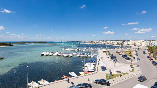 Un port de plaisance où sont amarrés de nombreux bateaux, un espace de stationnement et, en arrière-plan, une vue sur le paysage urbain côtier.