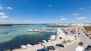 A marina with boats docked, a road with cars, and buildings in the background.
