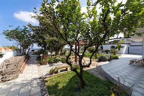 A courtyard with a tree, a bench, and a tiled pathway. - 619 La Ripostiera in Castro (Castro)