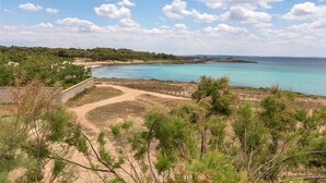 A coastal landscape with a sandy area, a wooden fence, and a view of the sea. - 481 Villa di Lusso Sulla Spiaggia a Porto Cesareo (Porto Cesareo)