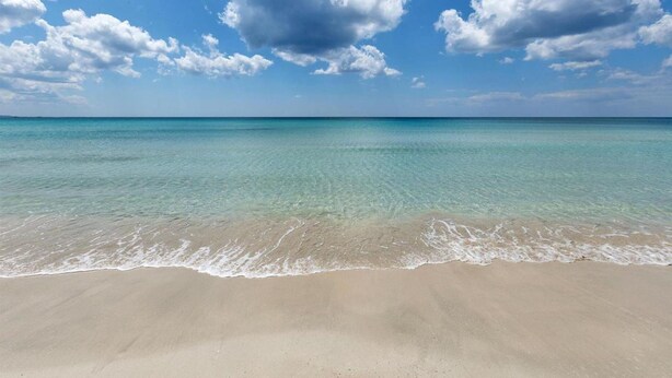 Ein Strand mit klarem türkisblauem Wasser und einem Sandstrand.