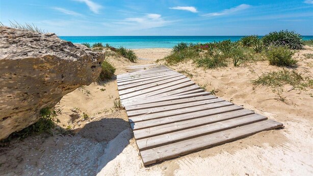 Ein hölzerner Weg führt zu einem Strand mit klarem, blauem Wasser und einer sandigen Landschaft.