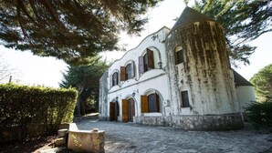 A historic building with a round tower, arched windows, and a stone courtyard. - 751 Trullo con Piscina e Pineta a Locorotondo (Locorotondo)