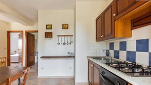 Una cocina con armarios de madera, una estufa a gas, un fregadero y un protector contra salpicaduras de azulejos.