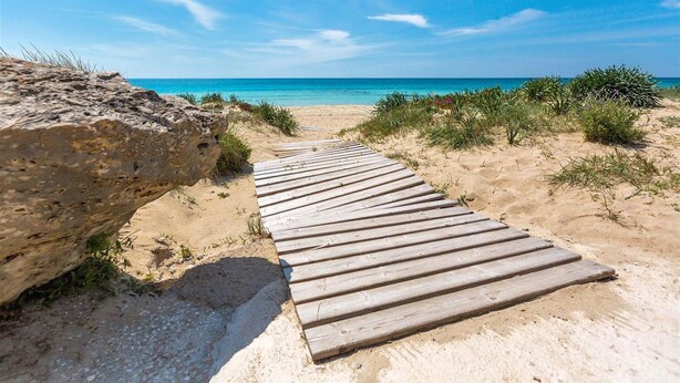 Een houten pad dat naar een strand leidt, met helderblauw water en een zandstrand.