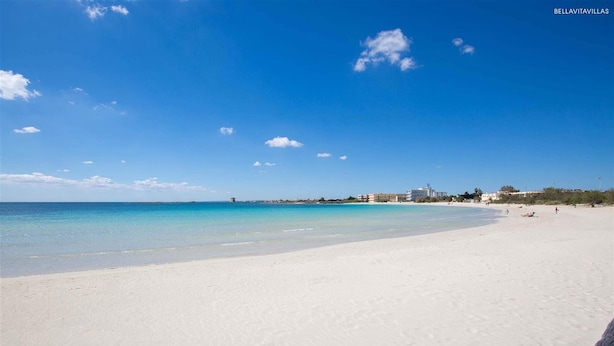 A beach with white sand and clear blue water. There are buildings in the background and a wooden fence in the foreground. - 1132 Attico Isola dei Conigli (Porto Cesareo)