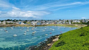 Une ville côtière dotée d’un port rempli de bateaux, d’une côte rocheuse et de maisons en arrière-plan.