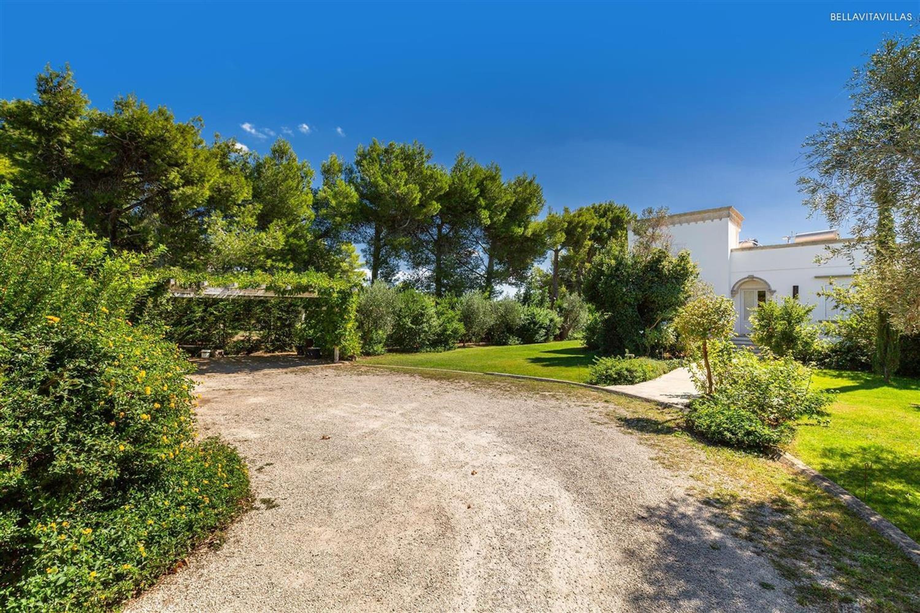 A gravel driveway leading to a white building with a garden and trees.