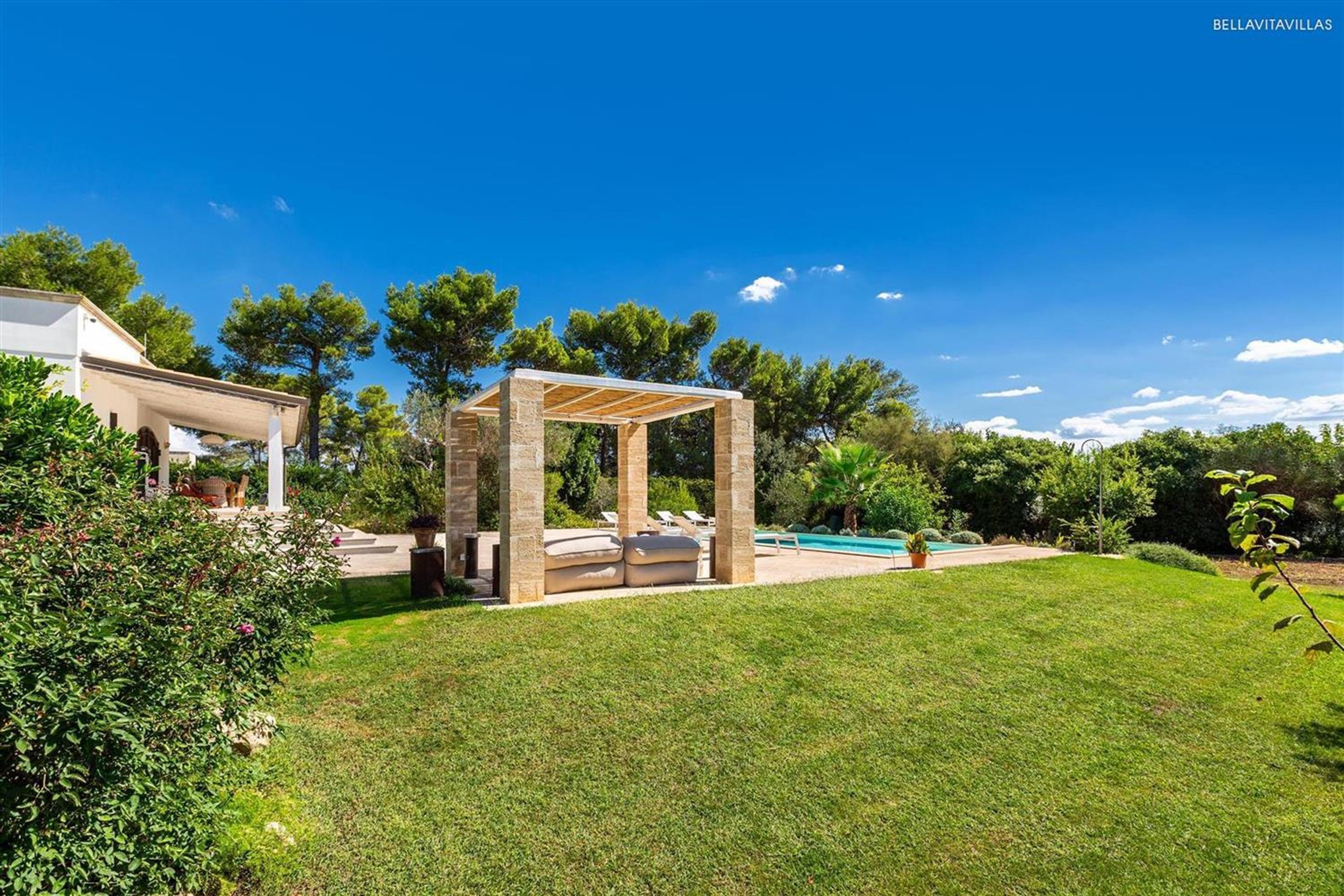 A modern outdoor patio area with a pergola structure, a swimming pool, and lush greenery.