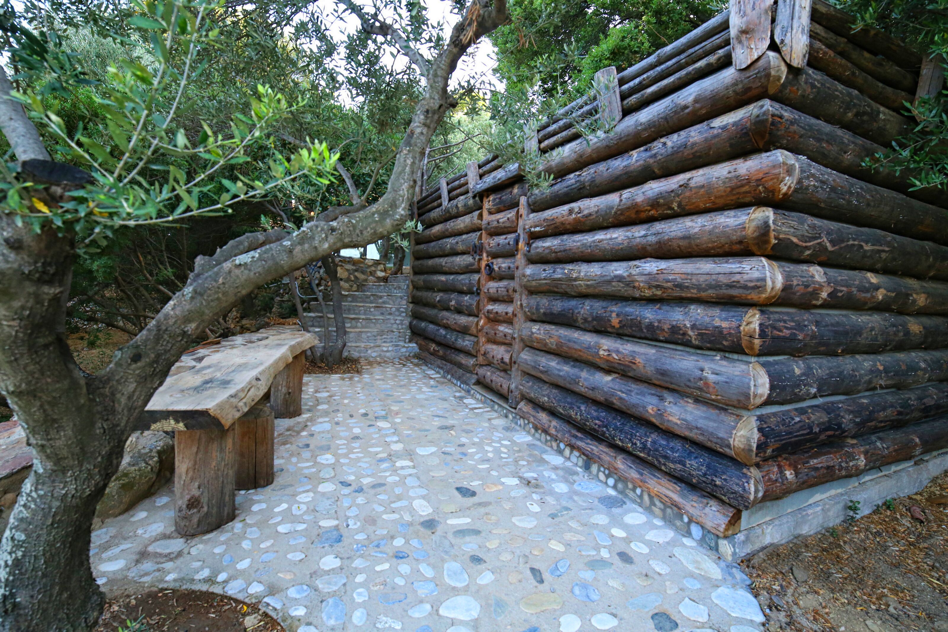 Eine hölzerne Bank und ein mit Steinplatten ausgelegter Weg, der zu einer Blockhütte führt.