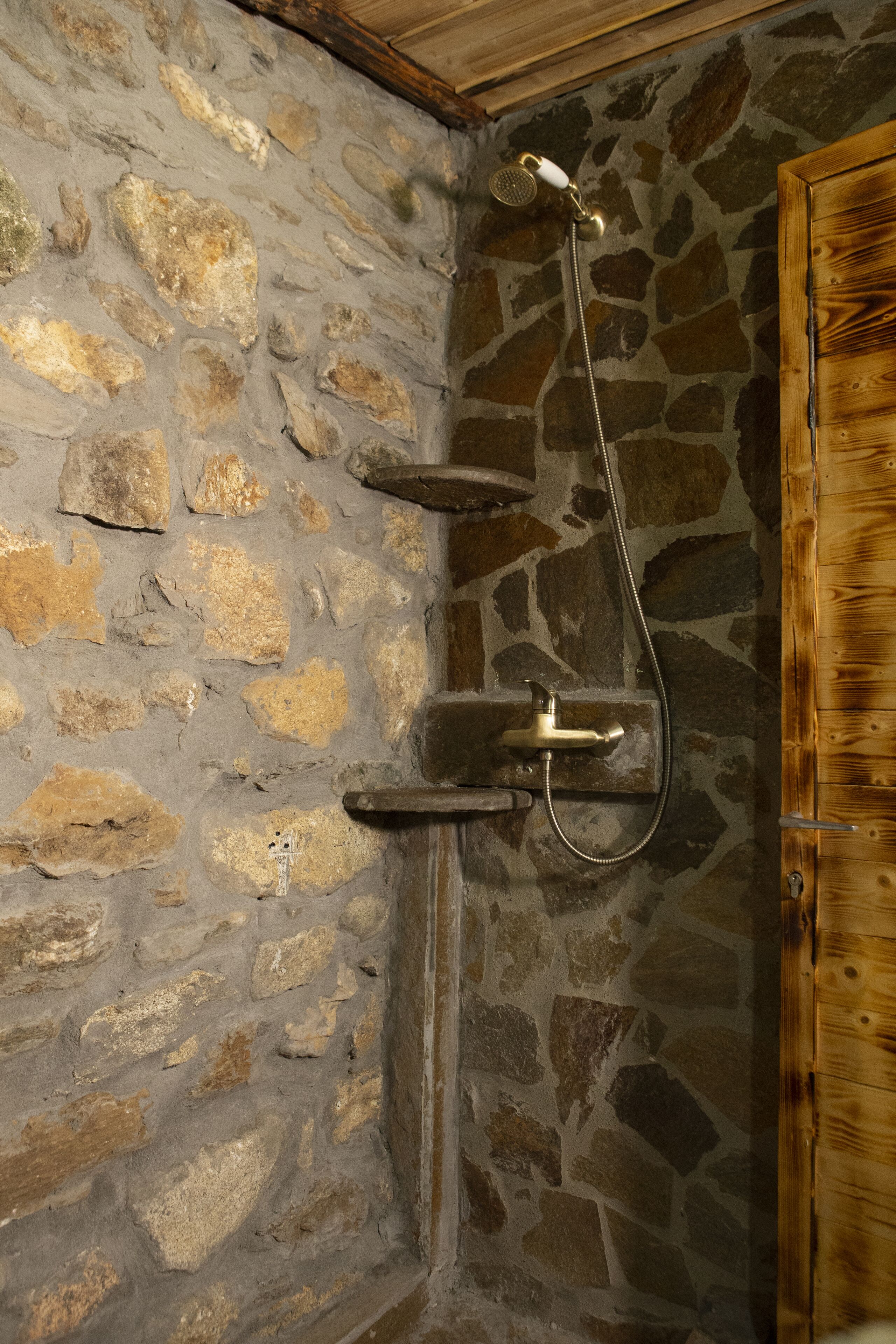 Une salle de bain aux murs en pierre, avec une porte en bois et une douche équipée d’un flexible.