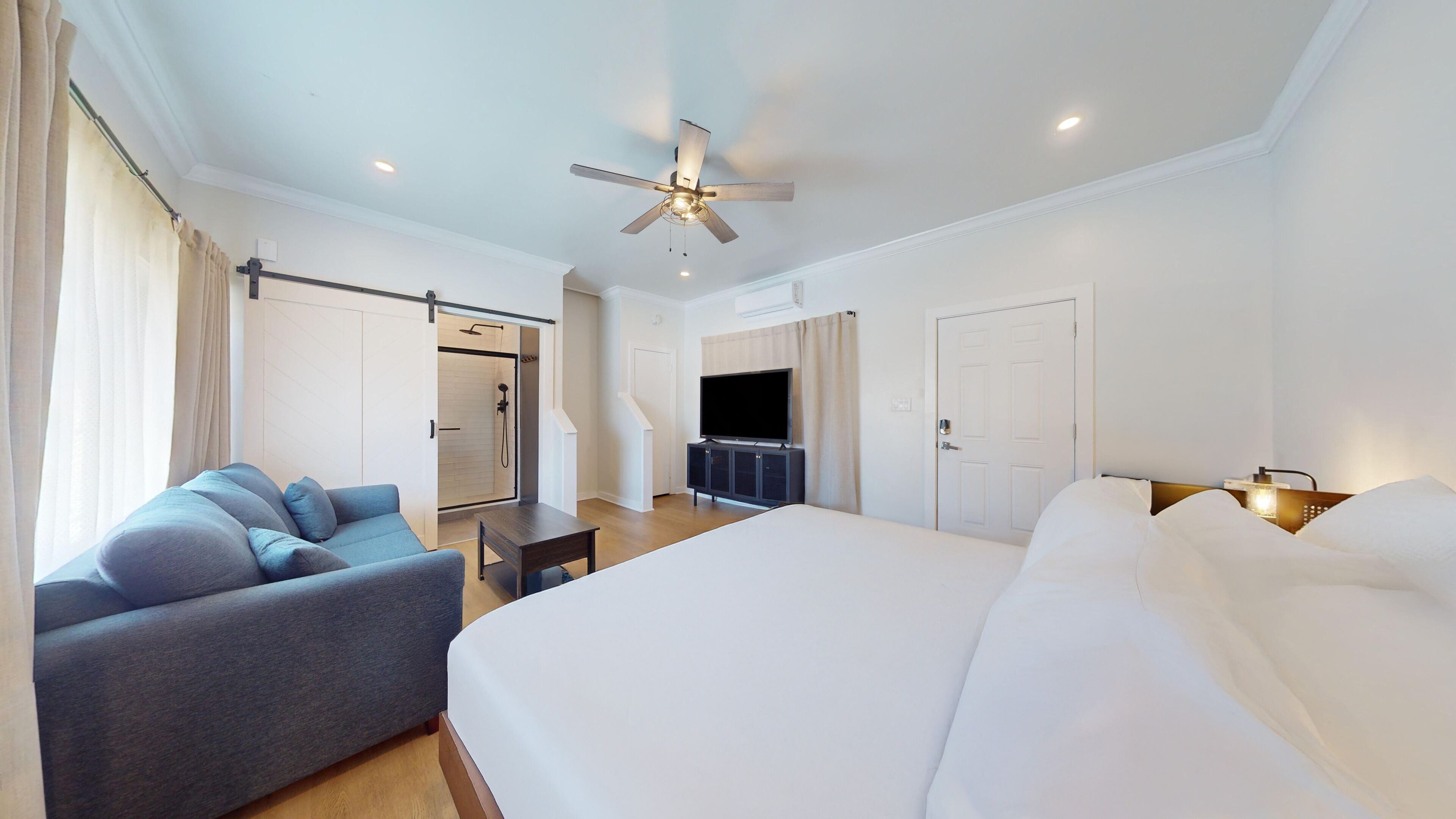 Une chambre d’hôtel équipée d’un lit, d’un canapé, d’une télévision, d’un ventilateur de plafond et d’un espace douche.