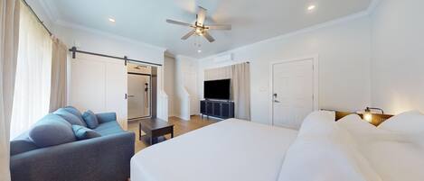Une chambre d’hôtel équipée d’un lit, d’un canapé, d’une télévision, d’un ventilateur de plafond et d’un espace douche.