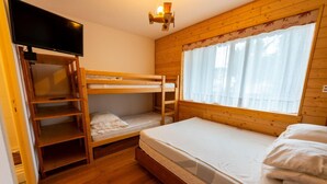A bunk bed room with a television, wooden walls, and a window with curtains. - Warm 29m² with balcony and lake view (Gérardmer)