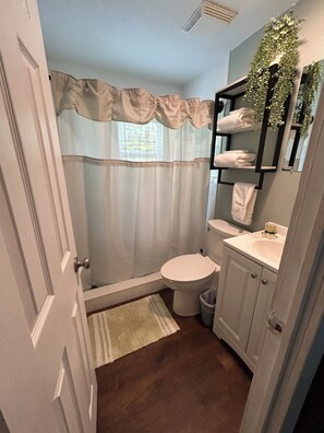 Shower, towels, soap, shampoo
