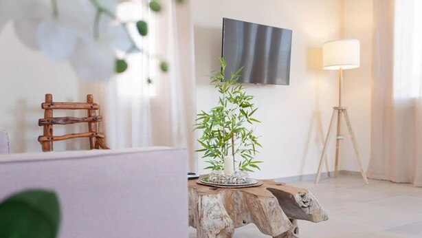 A modern living room with a wooden coffee table, a potted bamboo plant, a flat-screen TV mounted on the wall, and a floor lamp. - Pina Apartment - Relax & Comfort  (Budoni)