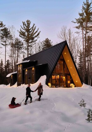 Une cabane moderne avec un toit en pente, de grandes fenêtres et un paysage enneigé.