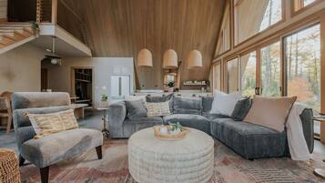 TV, fireplace, books, stereo