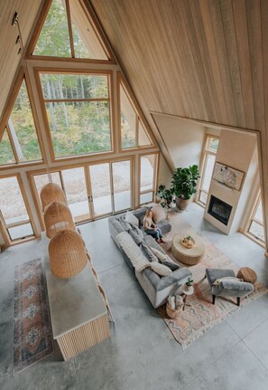 TV, fireplace, books, stereo