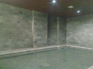 A swimming pool with tiled walls and a wooden ceiling.