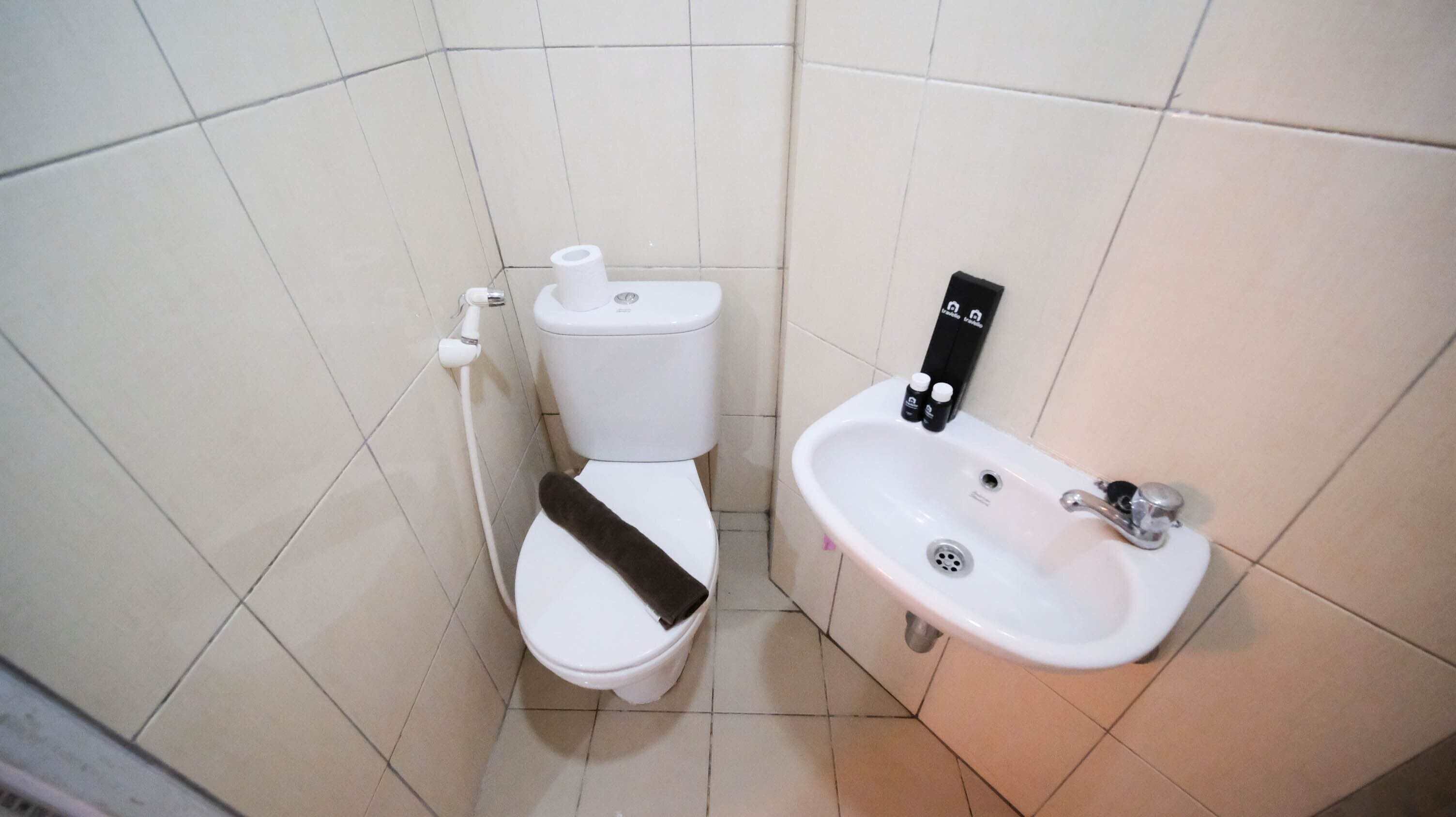 A small bathroom with a toilet, a sink, and a toilet paper holder.