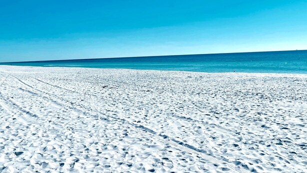 Une plage enneigée, parsemée d’empreintes qui mènent jusqu’à l’eau.