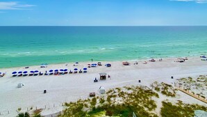 A beach with rows of blue umbrellas and beach chairs, a sandy shore, and the ocean in the background.