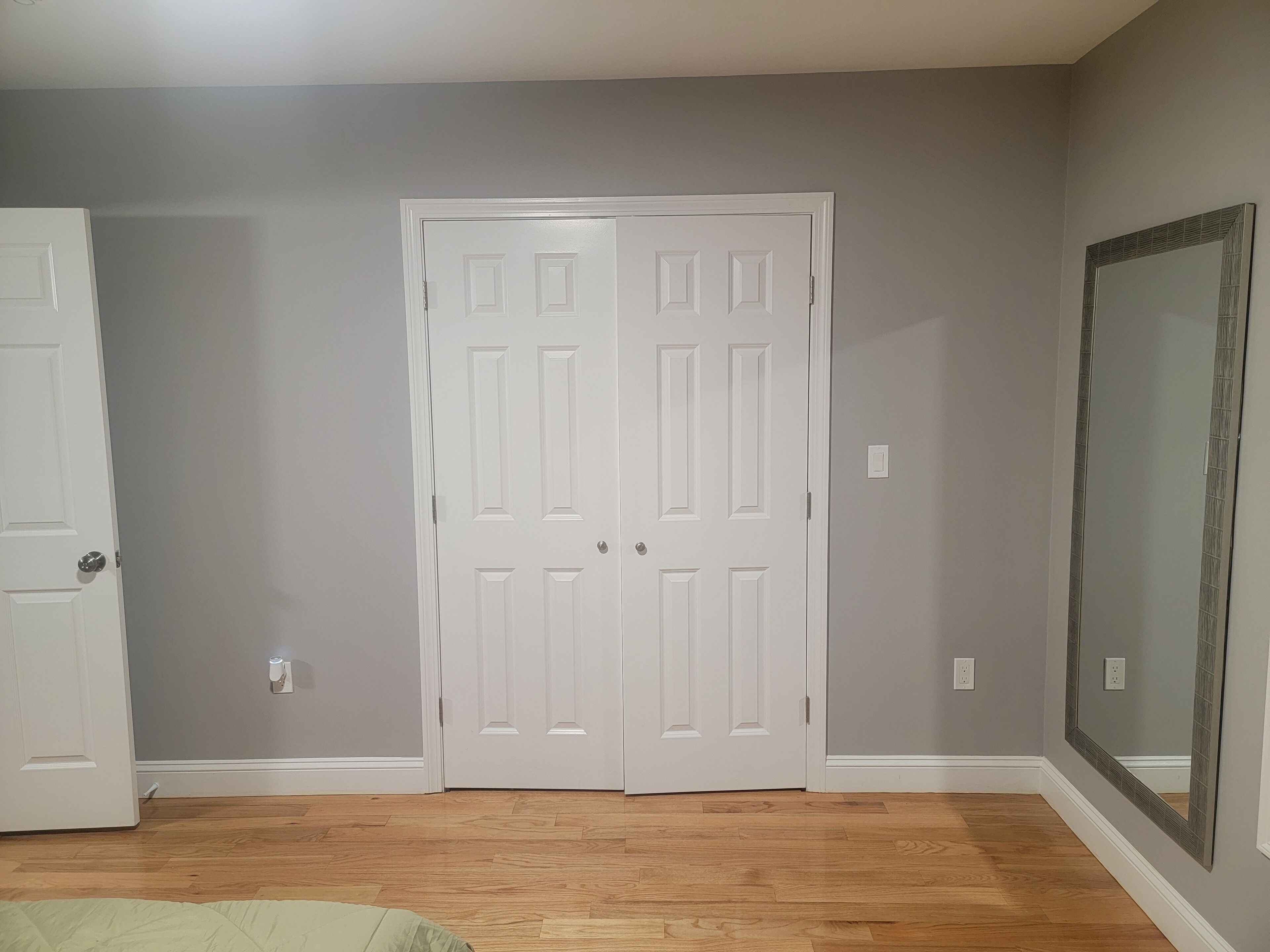 A room with a wooden floor, two white doors, and a large mirror on the wall.
