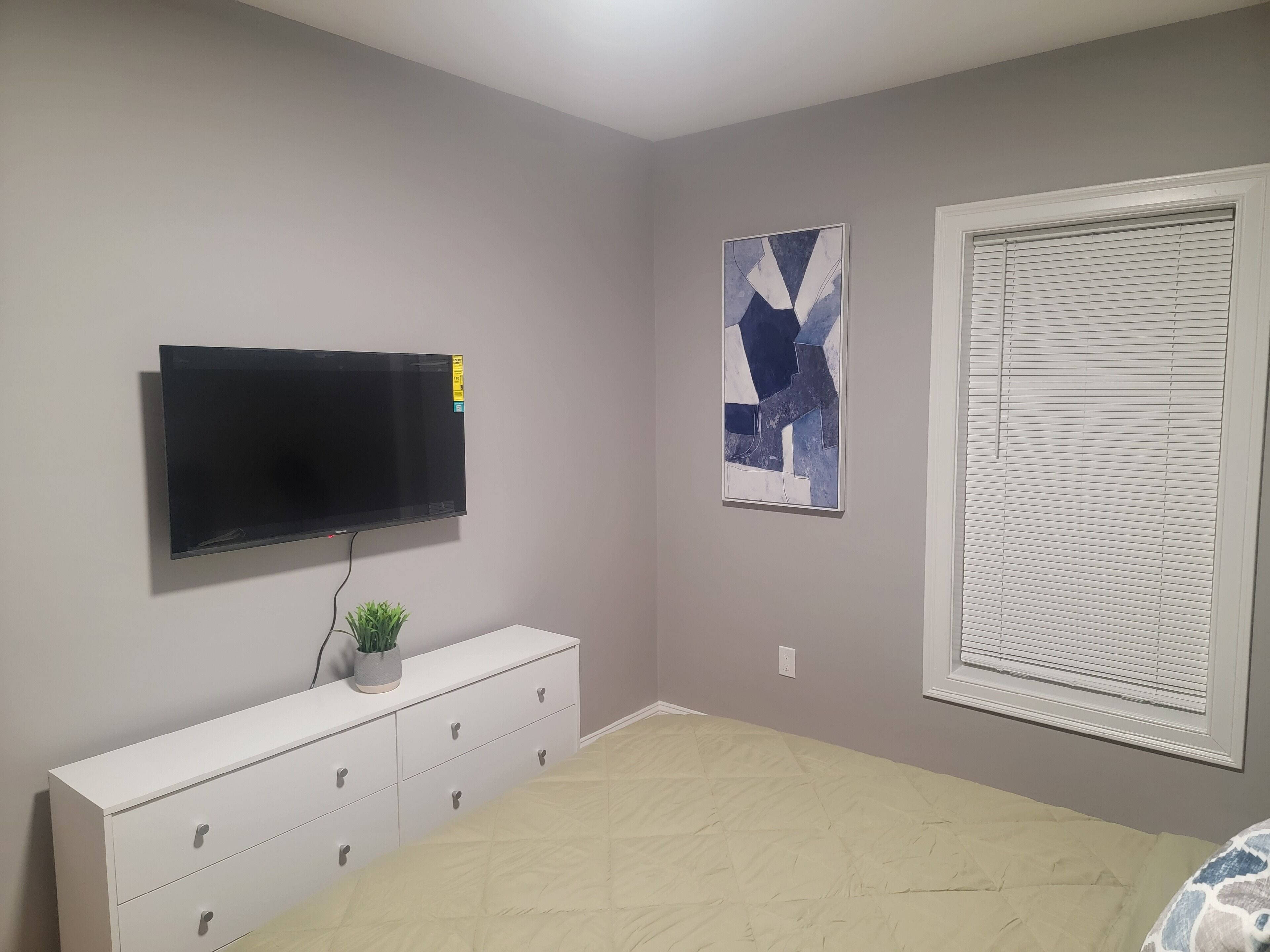 A bedroom with a flat-screen TV mounted on the wall, a white dresser with drawers, a potted plant, a large abstract painting, and a window with blinds.