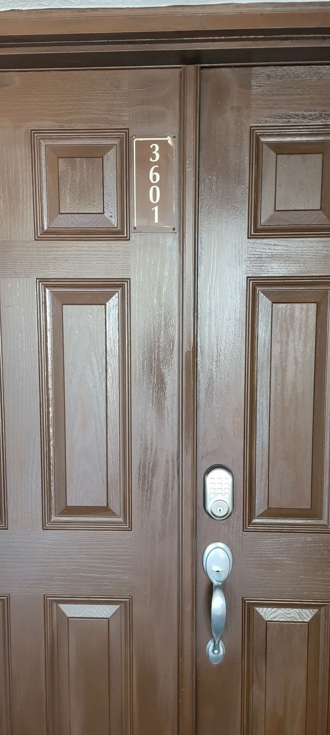 A brown double door with a number plate reading "3601" and a modern door handle.