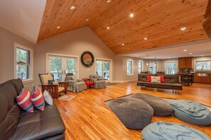 Smart TV, fireplace, foosball