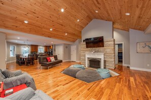 Smart TV, fireplace, foosball