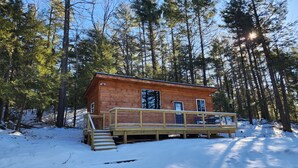 Une cabane en bois dotée d’une terrasse et d’un escalier, entourée de grands arbres et de neige.