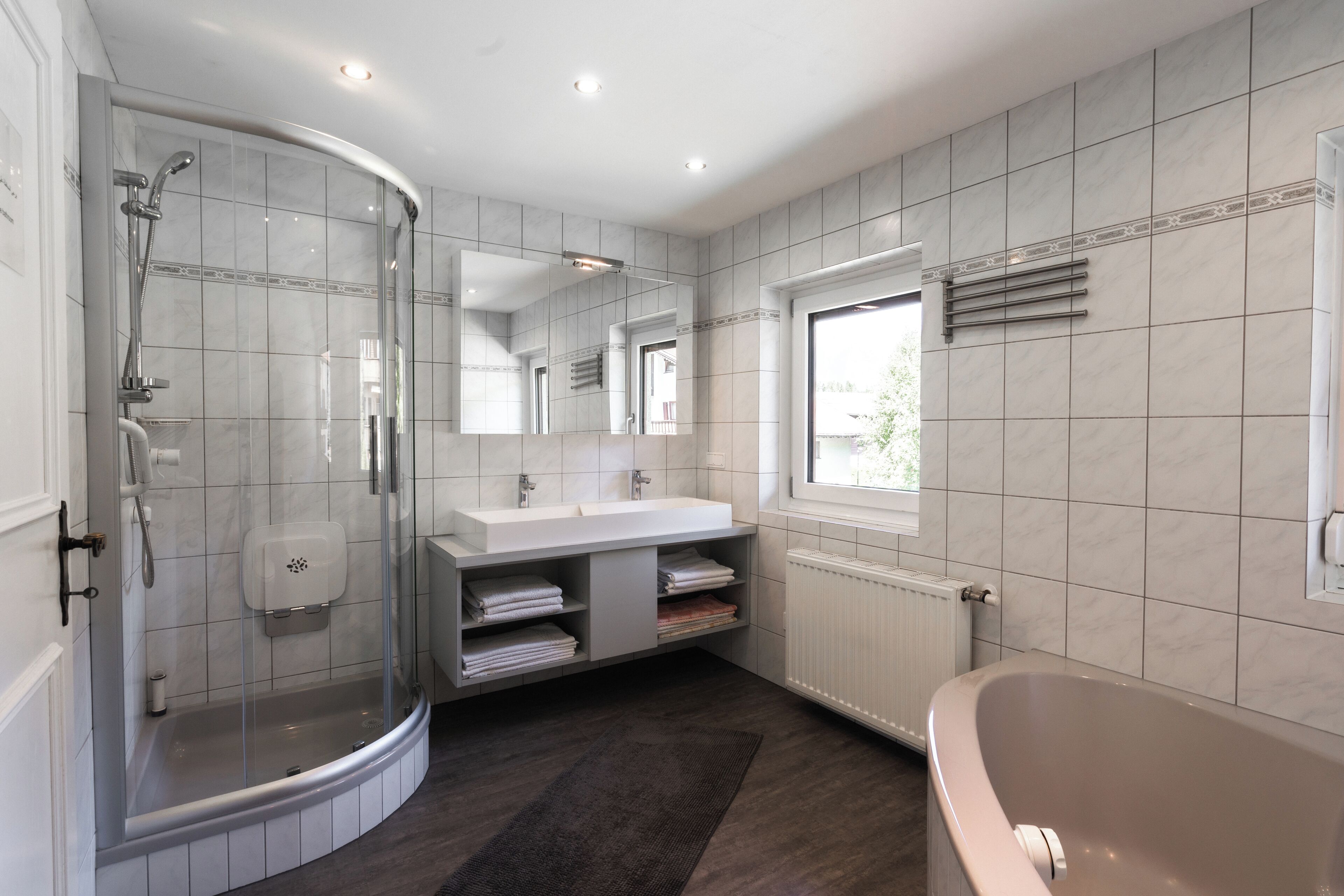 Shower, hair dryer, towels
