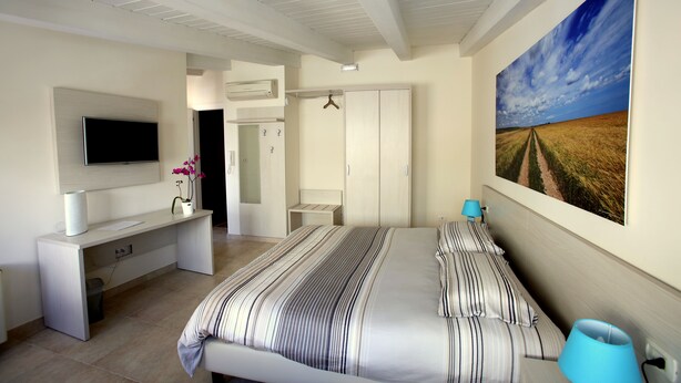 A bedroom with a bed, a TV, a desk, a wardrobe, and a painting on the wall. - CASA RUBIS (Ruvo di Puglia)