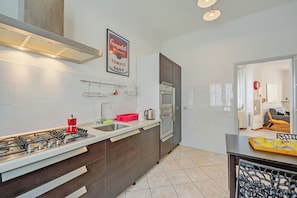 A modern kitchen with a gas stove, stainless steel appliances, and a tiled backsplash. - Casa Rachele Stresa Center (Stresa)