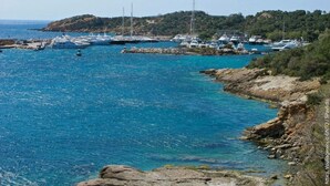 Marina costera con barcos amarrados, costa rocosa y un paisaje montañoso al fondo.