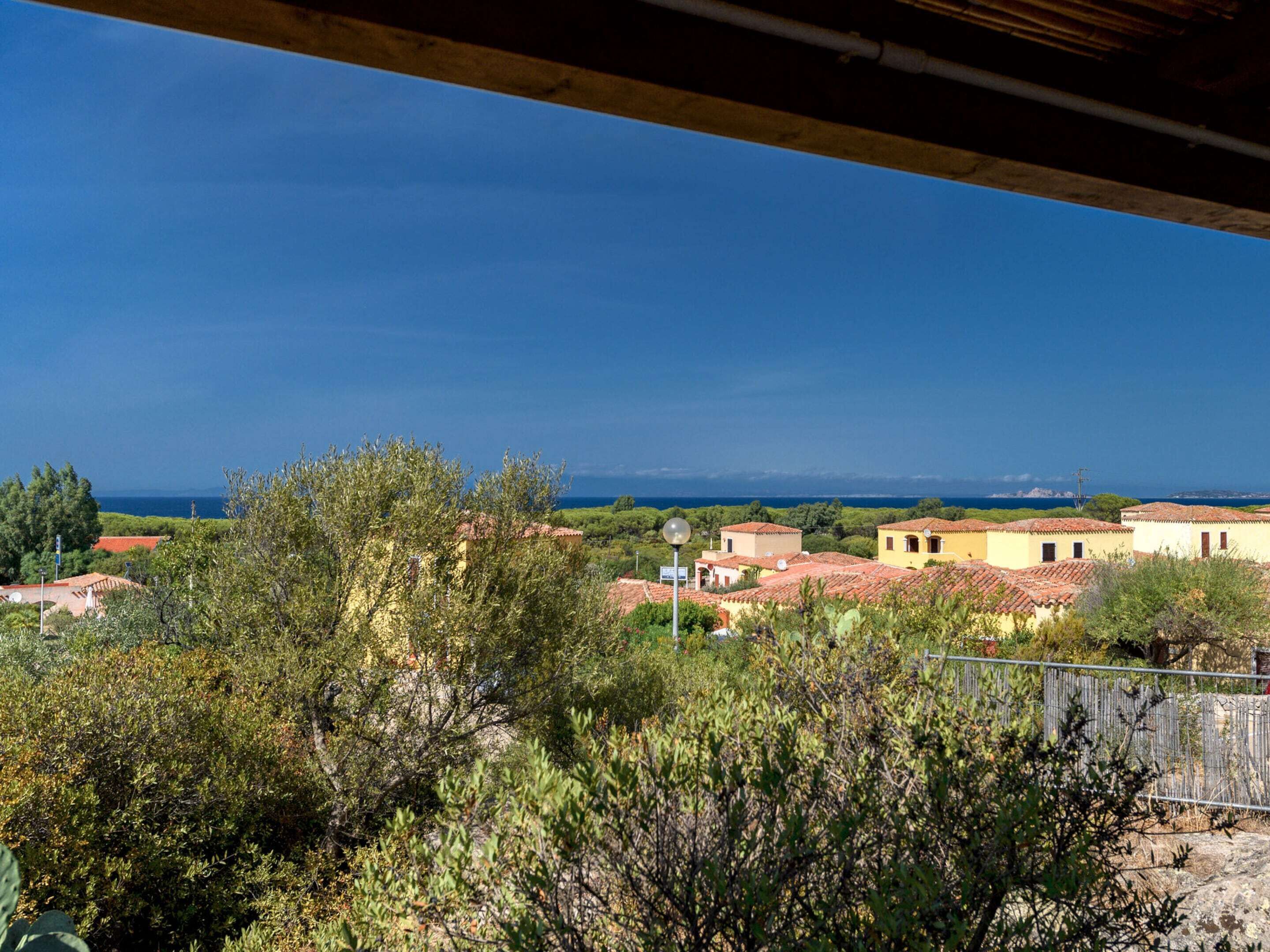 A coastal view with buildings and vegetation.