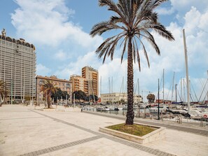 A marina with boats, a palm tree, and buildings in the background. - Civico36 Feels Like Home (Cagliari)