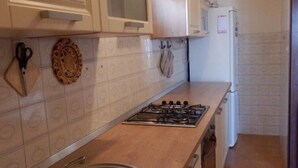 Una cocina con estufa a gas, un lavamanos y un refrigerador.