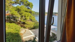 A view through a window of a coastal area with a paved path leading to a body of water, surrounded by greenery and trees. - Apartments Vinko Mljet- One-bedroom Apartment With Terrace (Mljet)