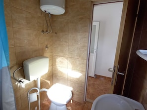 A bathroom with a toilet, a sink, and a shower area. - Apartments Vinko Mljet- One-bedroom Apartment With Terrace (Mljet)