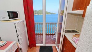 A compact kitchen with a microwave, a small refrigerator, and a sink. There's a balcony with a view of the sea.
