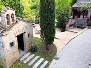 Surrounded by lush greenery, this charming structure offers a serene and inviting atmosphere.